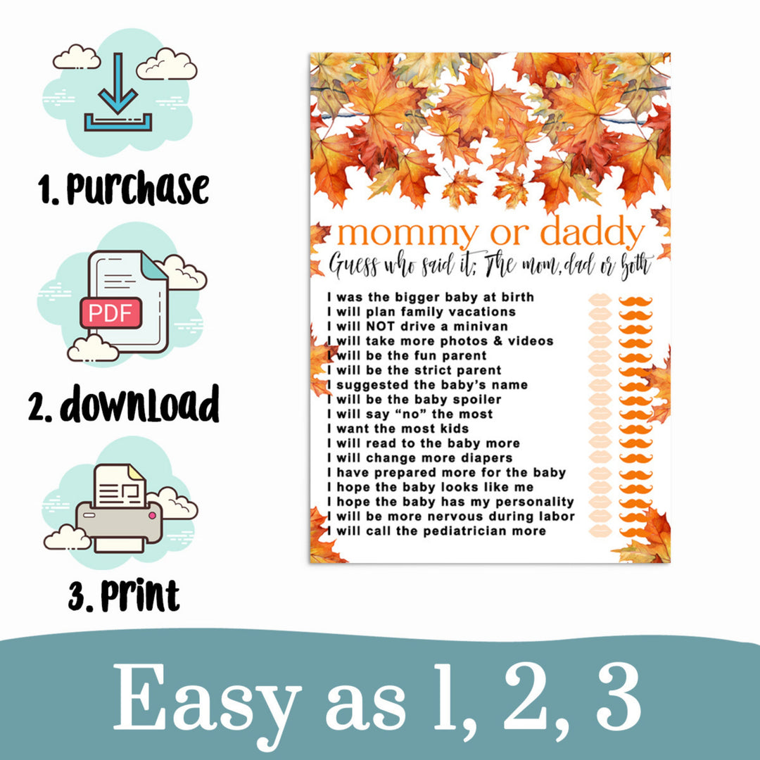 Fall Baby Shower Mommy or Daddy Game - Halloween Gender Reveal Thanksgiving - Paper Clever Party