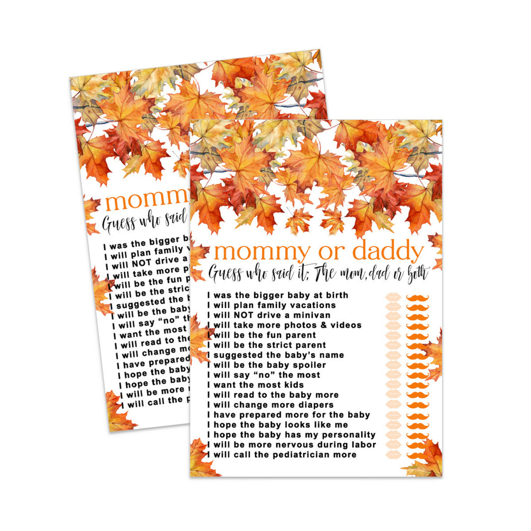 Fall Baby Shower Mommy or Daddy Game - Halloween Gender Reveal Thanksgiving - Paper Clever Party