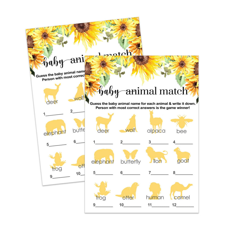 Sunflower Baby Shower Animal Matching Printable Game - Paper Clever Party