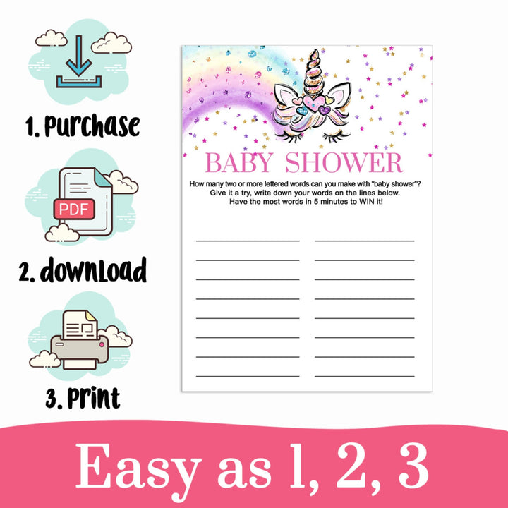 Unicorn Baby Shower Game - Fun Word Creation Challenge - Printable PDF - Paper Clever Party