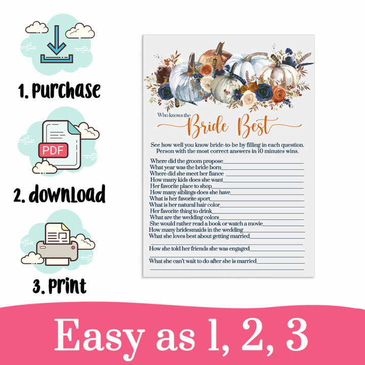 Who Knows the Bride Best  Bridal Shower Trivia Game  Instant PDF Printable Download Rustic Pumpkin Floral - Paper Clever Party