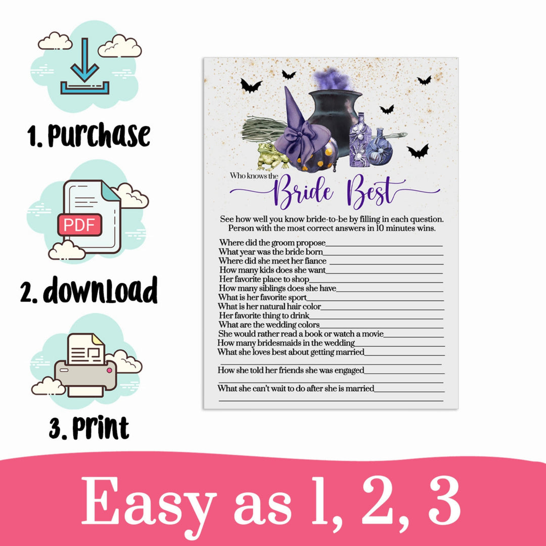 Witch is Getting Hitched Who Knows the Bride Best  Bridal Shower Trivia Game  Instant PDF Printable Download Halloween Purple and Black - Paper Clever Party