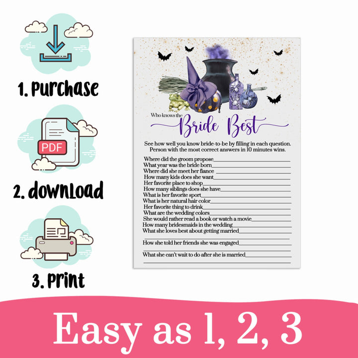 Witch is Getting Hitched Who Knows the Bride Best  Bridal Shower Trivia Game  Instant PDF Printable Download Halloween Purple and Black - Paper Clever Party