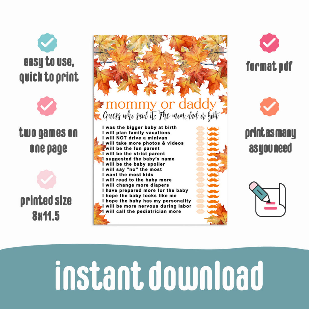 Fall Baby Shower Mommy or Daddy Game - Halloween Gender Reveal Thanksgiving - Paper Clever Party