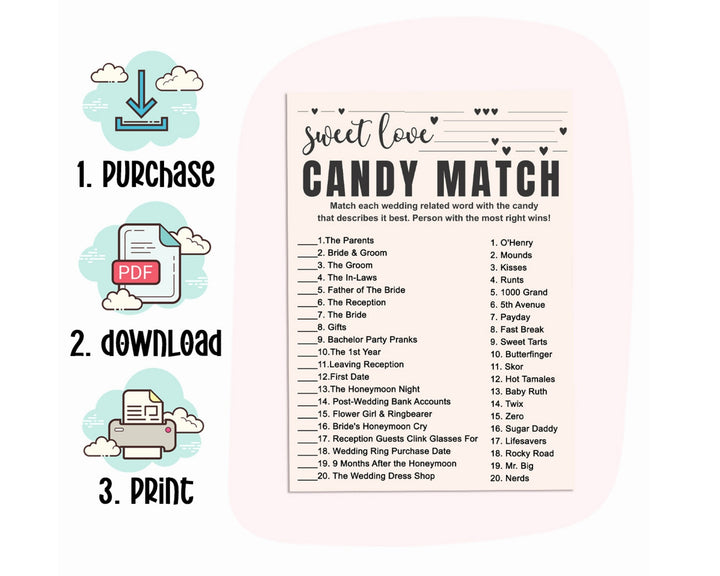 DIY Bridal Shower Game PDF - Hilarious Match the Candies Challenge - Printable Bohemian Bliss - Paper Clever Party