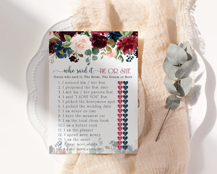 Indigo Floral Bridal Shower Game He or She Said, Rustic Greenery Burgundy and Navy, 5x7 Cards, 25 Guests - Paper Clever Party