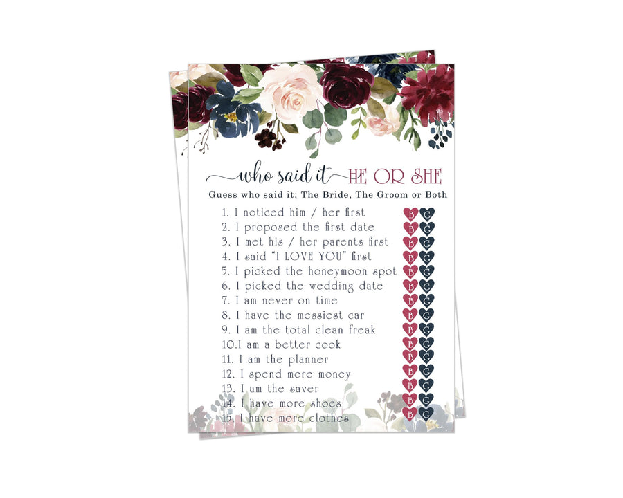 Indigo Floral Bridal Shower Game He or She Said, Rustic Greenery Burgundy and Navy, 5x7 Cards, 25 Guests - Paper Clever Party