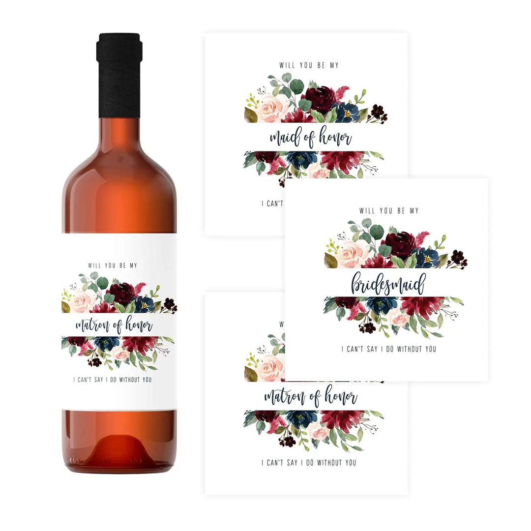 Indigo Floral Bridesmaid Wine Labels Maid of Honor and Matron of Honor - Bridal Attendants Stickers – Asking My Wedding Party Gift Ideas – Set of 12 - Paper Clever Party - Paper Clever Party