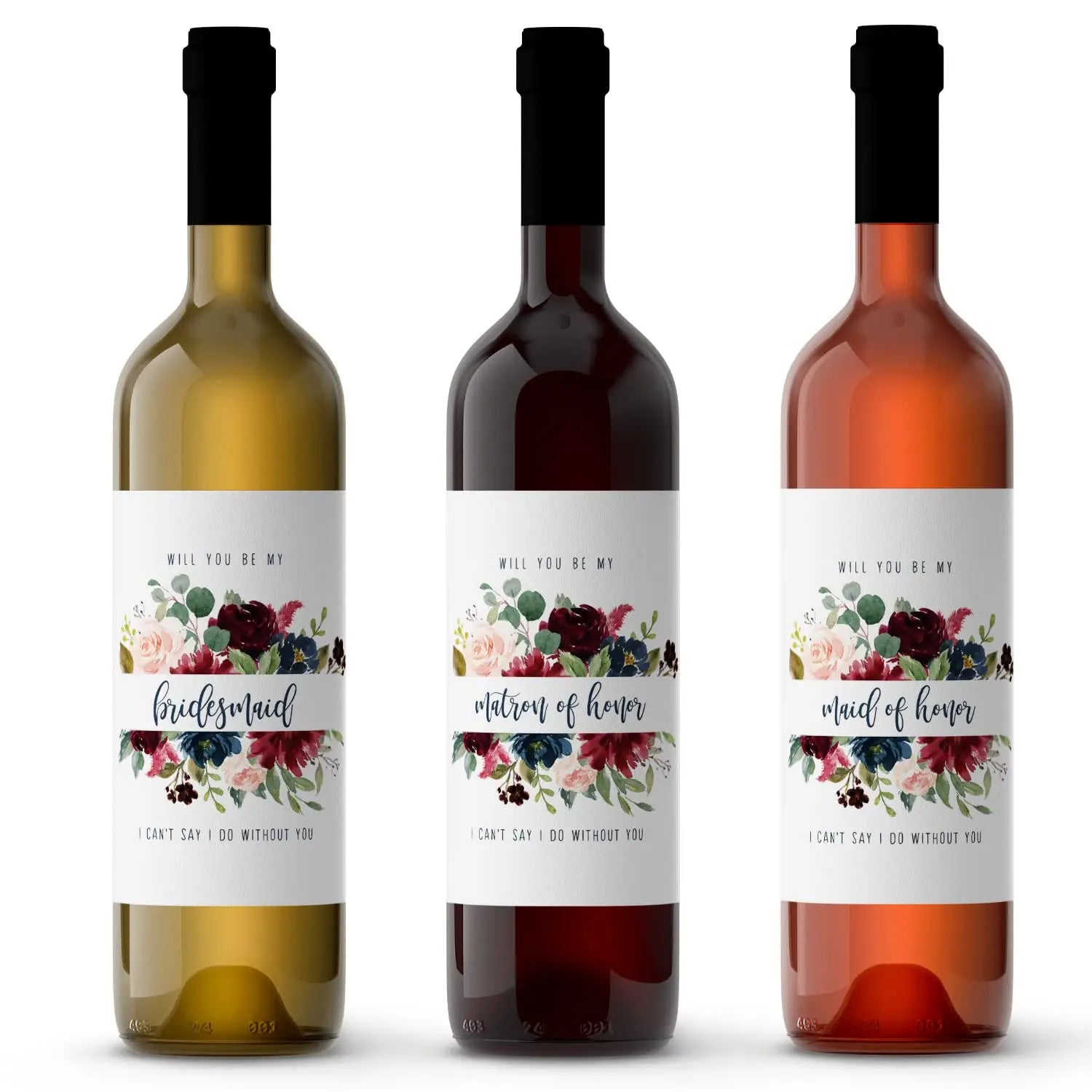 Indigo floral bridesmaid wine labels maid of honor and matron - bridal attendants stickers – asking my wedding party