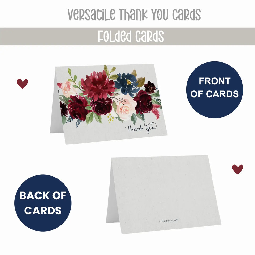 Indigo Floral Rustic Thank You Cards - 25-Pack Notecards with Envelopes for All Occasions - Paper Clever Party