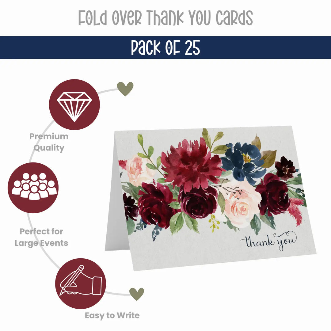 Indigo Floral Rustic Thank You Cards - 25-Pack Notecards with Envelopes for All Occasions - Paper Clever Party