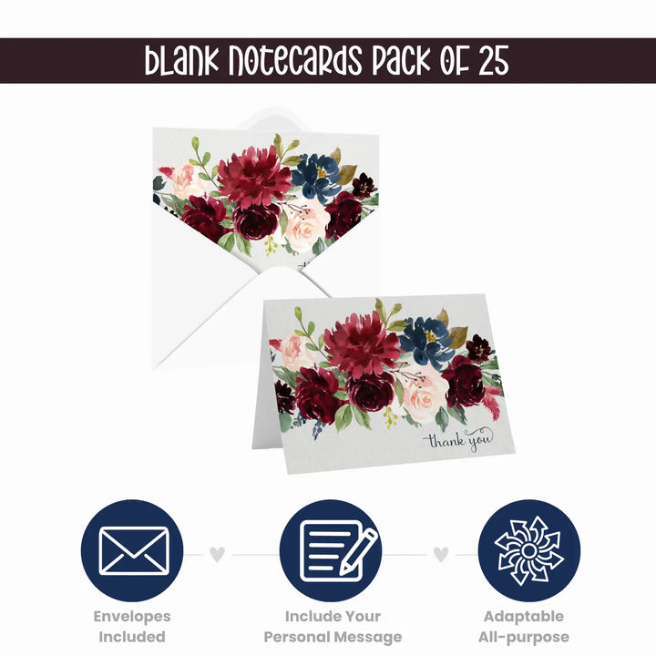 Indigo Floral Rustic Thank You Cards - 25-Pack Notecards with Envelopes for All Occasions - Paper Clever Party