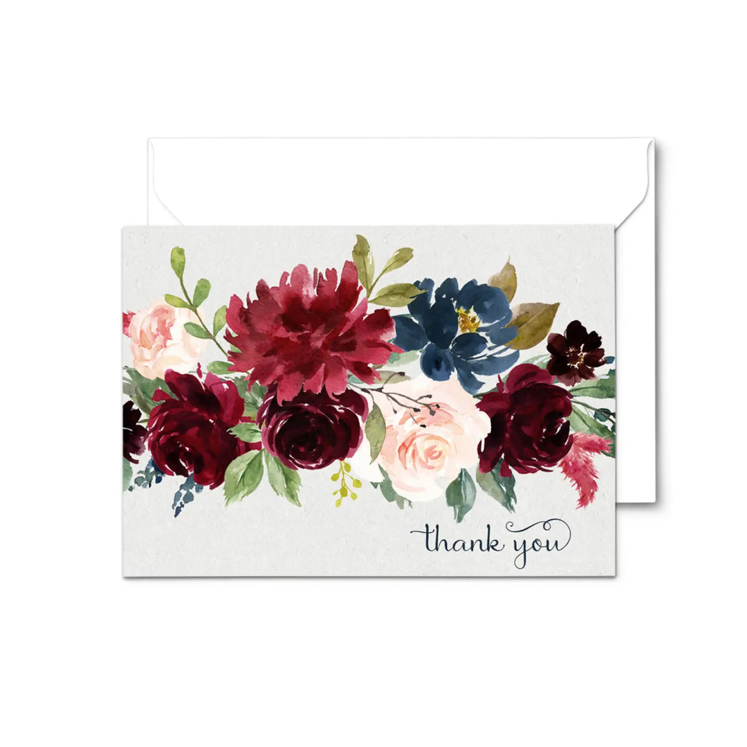 Indigo Floral Rustic Thank You Cards - 25-Pack Notecards with Envelopes for All Occasions - Paper Clever Party