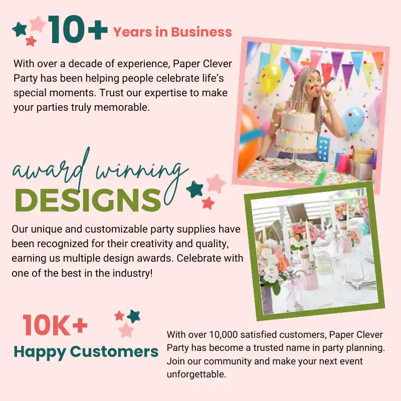 Marketing infographic showcasing Paper Clever Party's business achievements and party supplies