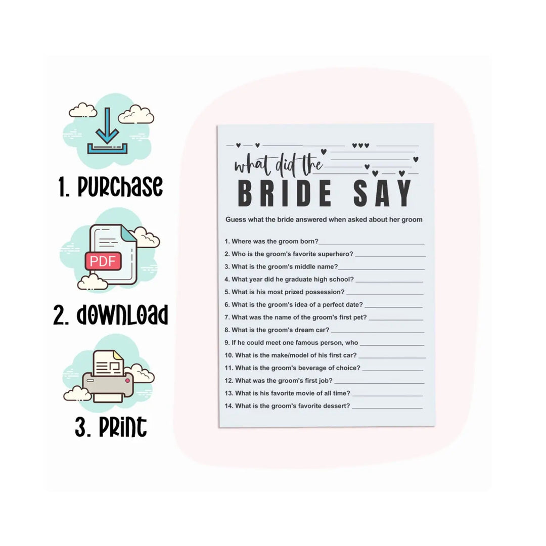 Instant Download Bridal Shower Games - What Did the Bride Say? | Digital PDF - Paper Clever Party