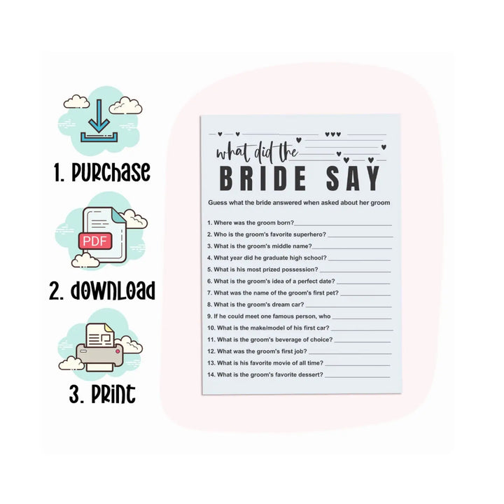 Instant Download Bridal Shower Games - What Did the Bride Say? | Digital PDF - Paper Clever Party