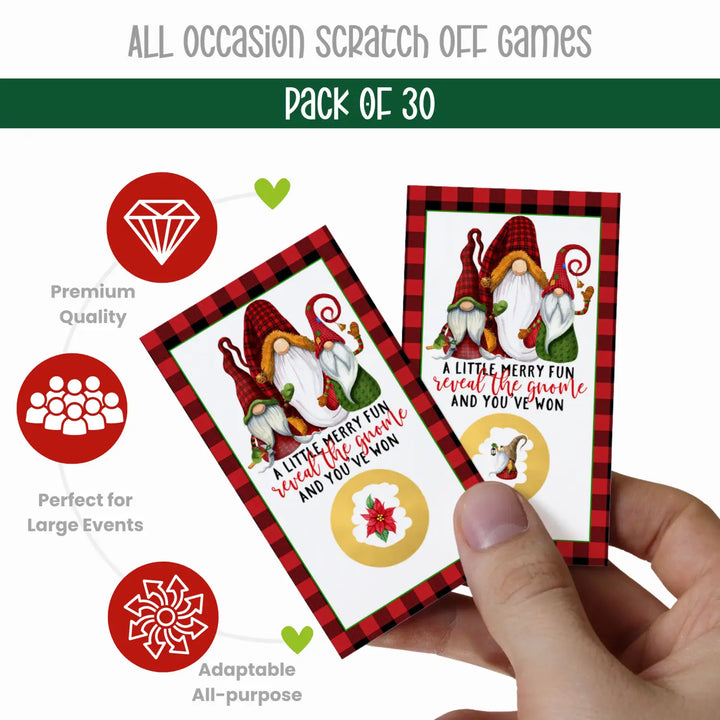 Jolly gnome-themed scratch off tickets for Christmas party fun, 30 pack