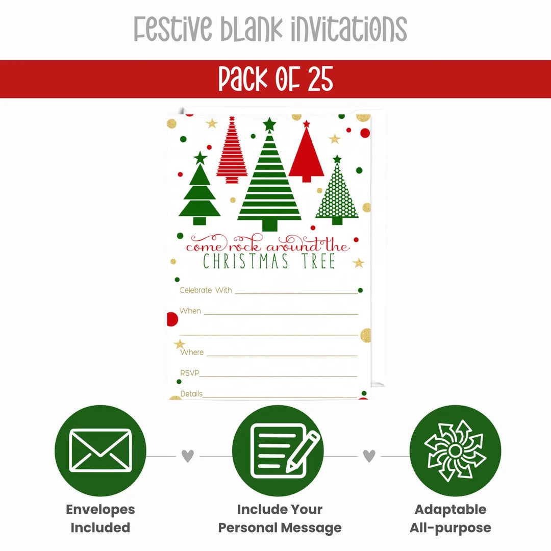 Jolly Trees Christmas Party Invitations, 25 Pack, Envelopes Inclded - Paper Clever Party