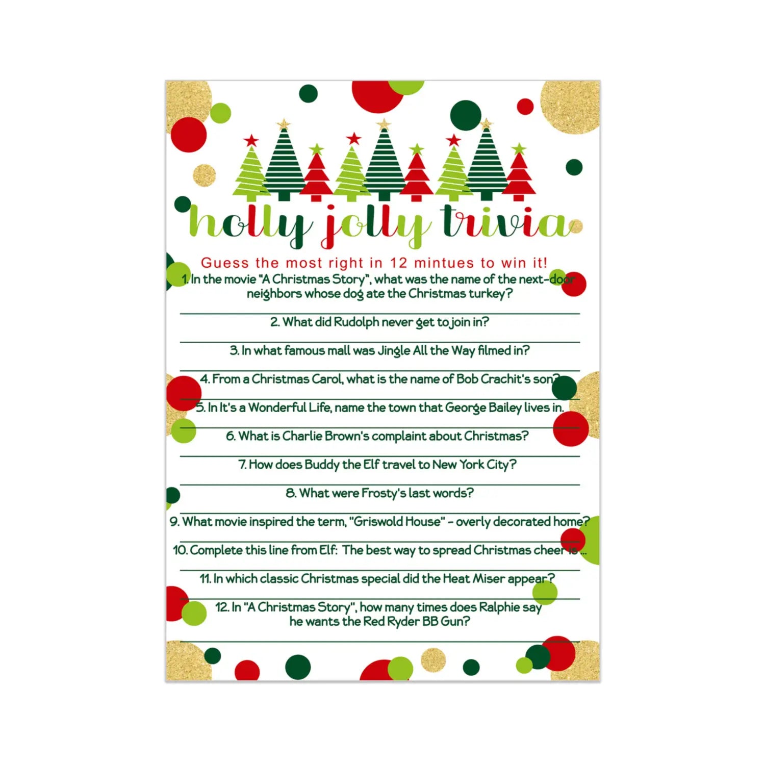 Jolly trees christmas trivia game fun party activity with holiday movie and song questions for adults office group