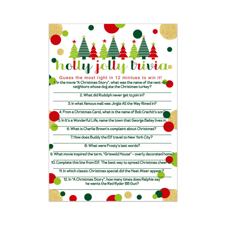 Jolly Trees Christmas Trivia Game Fun Party Activity with Holiday Movie and Song Questions for Adults, Office, Group, Thanksgiving, 25 Pack, 5x7 Cards, Version 3 - Paper Clever Party