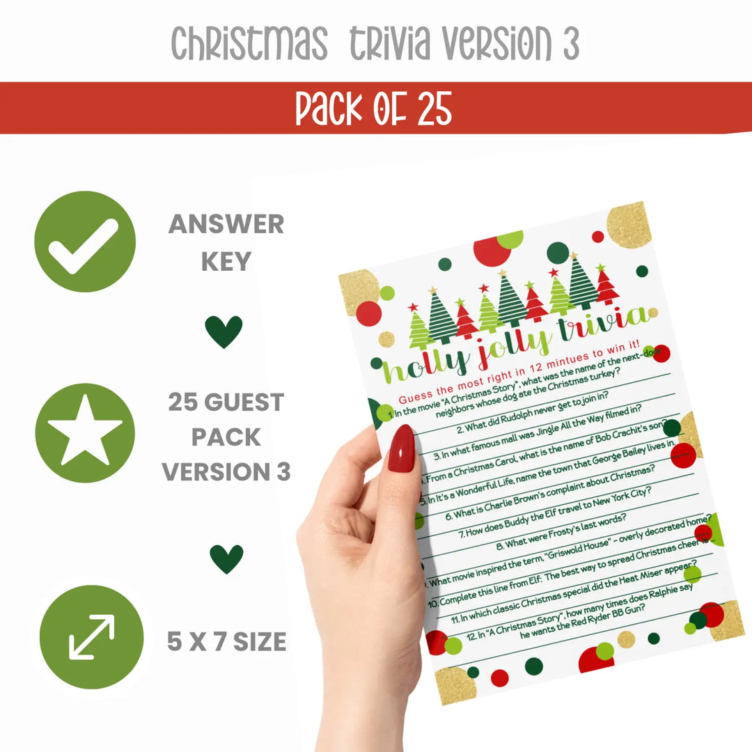 Jolly Trees Christmas Trivia Game Fun Party Activity with Holiday Movie and Song Questions for Adults, Office, Group, Thanksgiving, 25 Pack, 5x7 Cards, Version 3 - Paper Clever Party