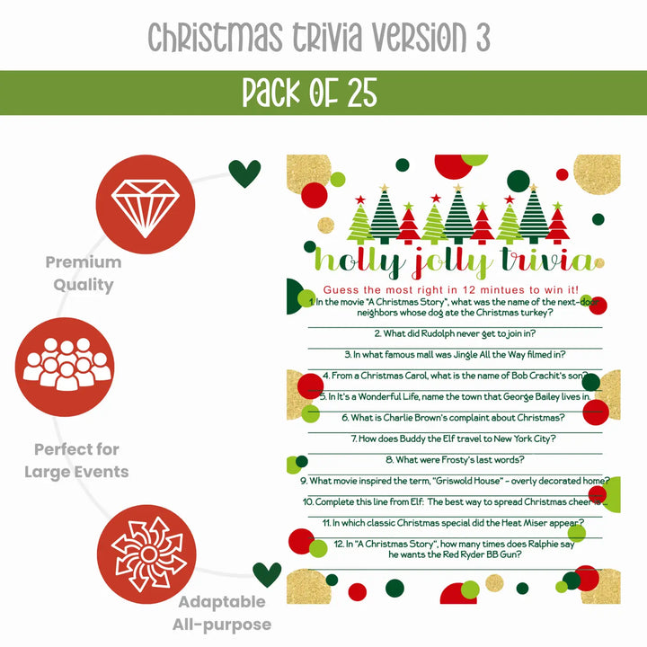 Jolly Trees Christmas Trivia Game Fun Party Activity with Holiday Movie and Song Questions for Adults, Office, Group, Thanksgiving, 25 Pack, 5x7 Cards, Version 3 - Paper Clever Party