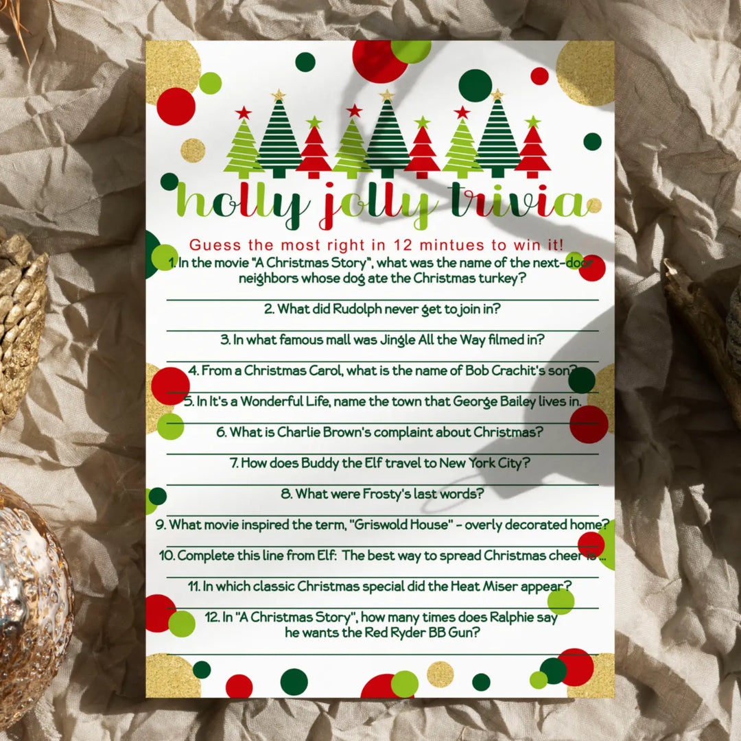 Jolly Trees Christmas Trivia Game Fun Party Activity with Holiday Movie and Song Questions for Adults, Office, Group, Thanksgiving, 25 Pack, 5x7 Cards, Version 3 - Paper Clever Party