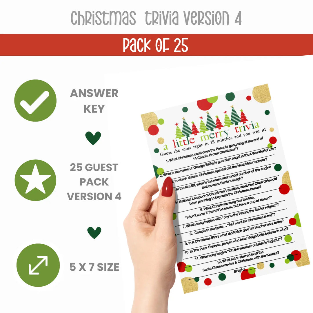 Jolly Trees Christmas Trivia Game Holiday Party Movie and Song Questions for Adults, Office, Group, Thanksgiving, Red and Green, 5x7 Cards, Version 4, 25 Pack - Paper Clever Party