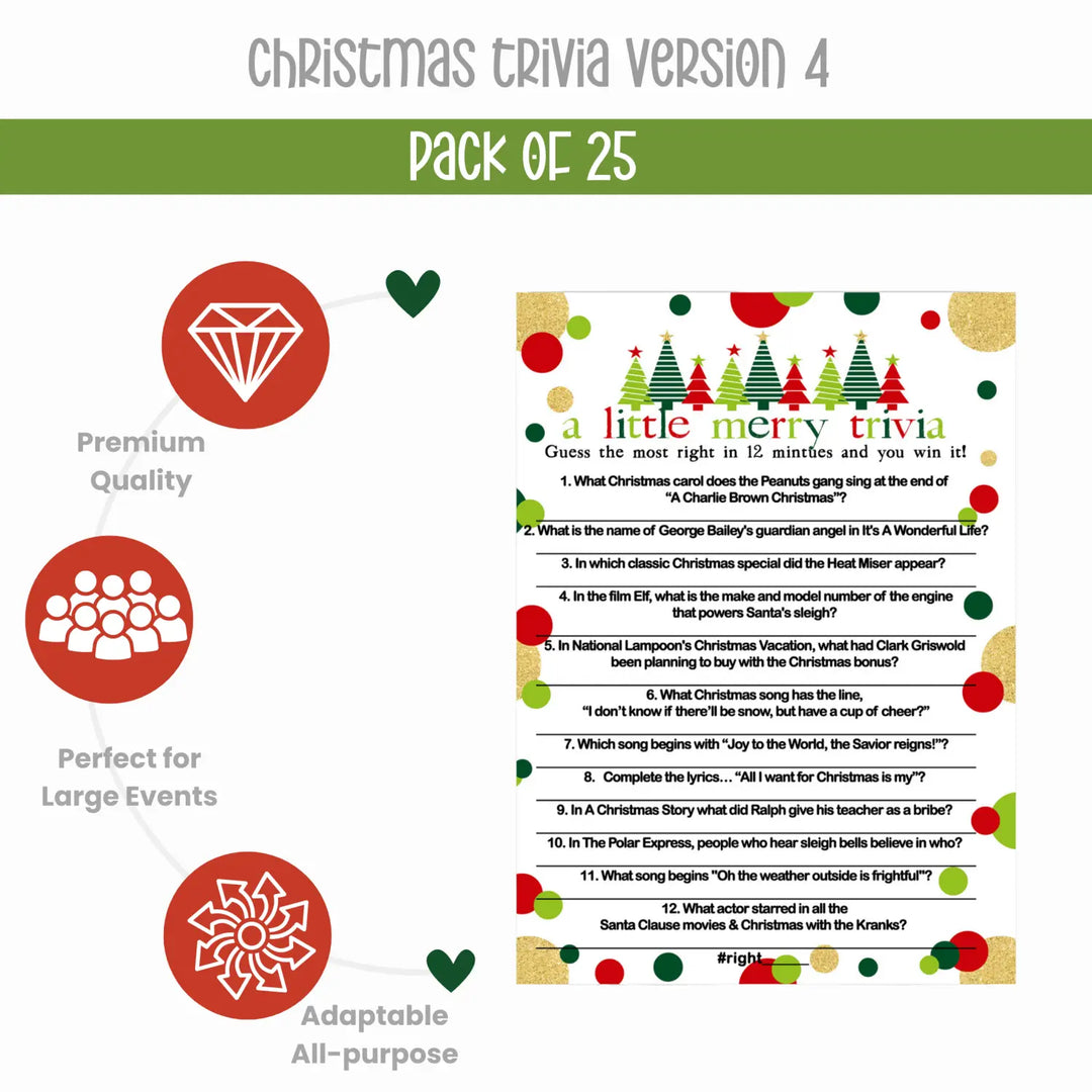 Jolly Trees Christmas Trivia Game Holiday Party Movie and Song Questions for Adults, Office, Group, Thanksgiving, Red and Green, 5x7 Cards, Version 4, 25 Pack - Paper Clever Party