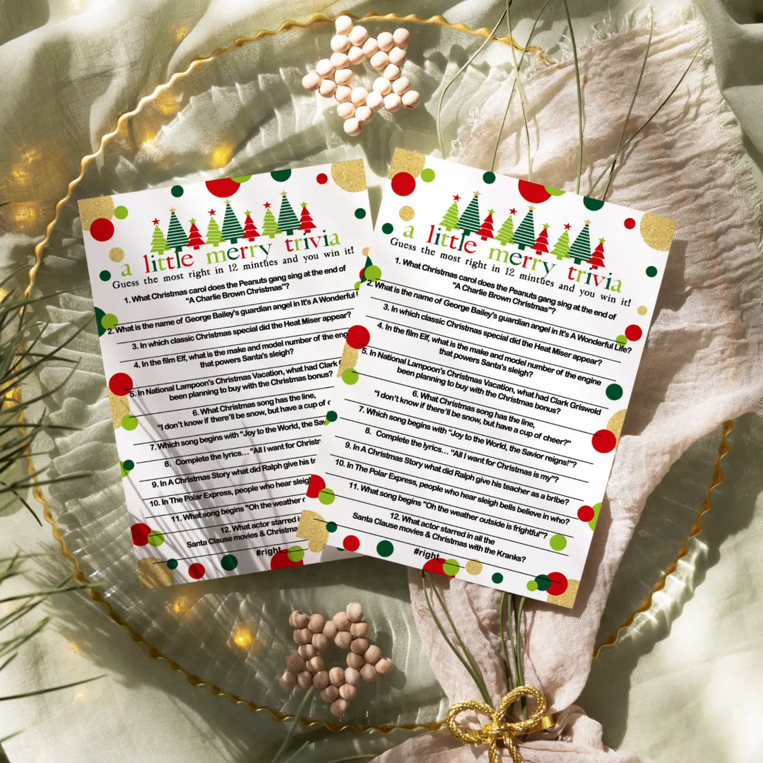 Jolly Trees Christmas Trivia Game Holiday Party Movie and Song Questions for Adults, Office, Group, Thanksgiving, Red and Green, 5x7 Cards, Version 4, 25 Pack - Paper Clever Party