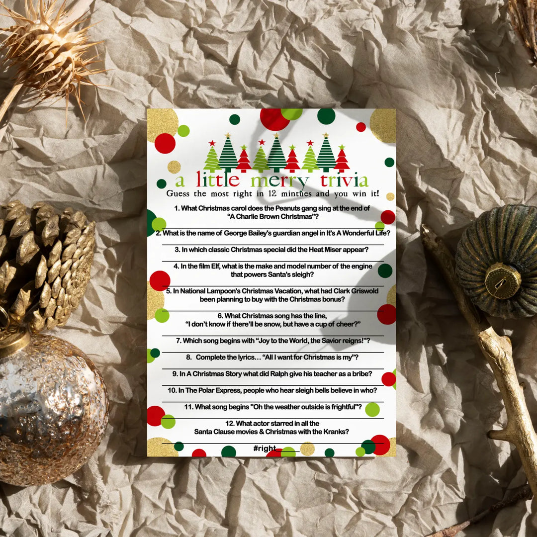 Jolly Trees Christmas Trivia Game Holiday Party Movie and Song Questions for Adults, Office, Group, Thanksgiving, Red and Green, 5x7 Cards, Version 4, 25 Pack - Paper Clever Party