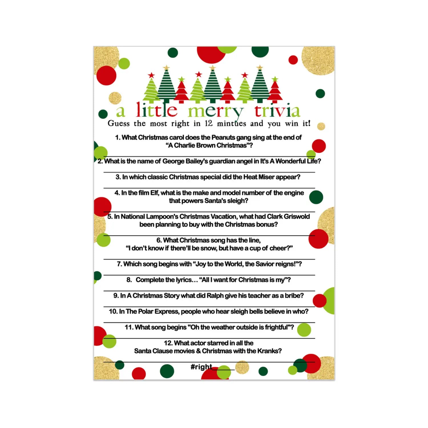 Jolly trees christmas trivia game holiday party movie and song questions for adults office group thanksgiving red green