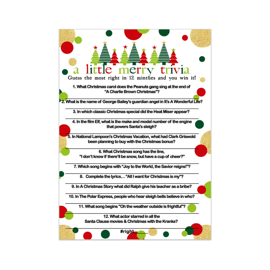 Jolly Trees Christmas Trivia Game Holiday Party Movie and Song Questions for Adults, Office, Group, Thanksgiving, Red and Green, 5x7 Cards, Version 4, 25 Pack - Paper Clever Party