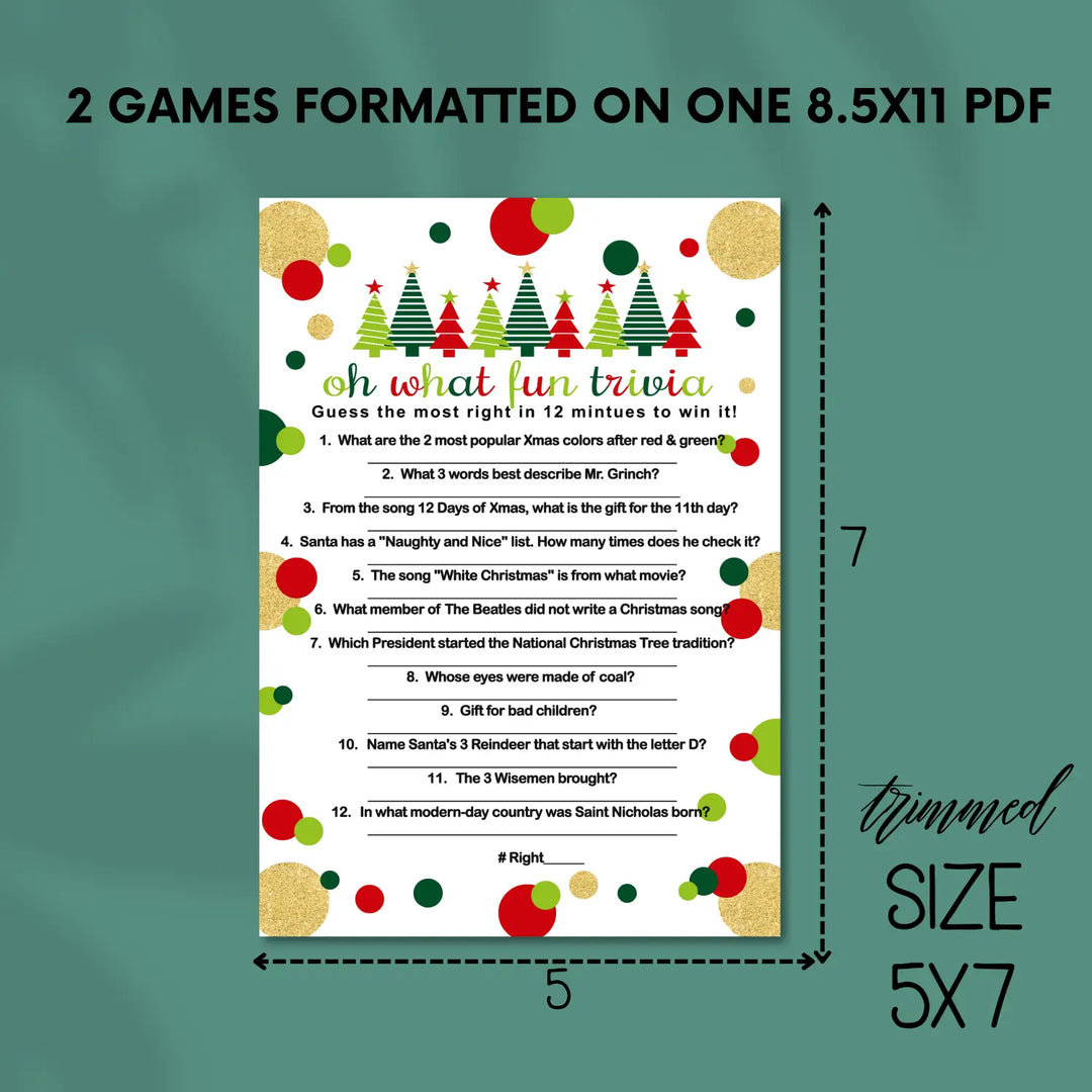 Jolly trees christmas trivia printable holiday game instant download version 2 red and green - party games