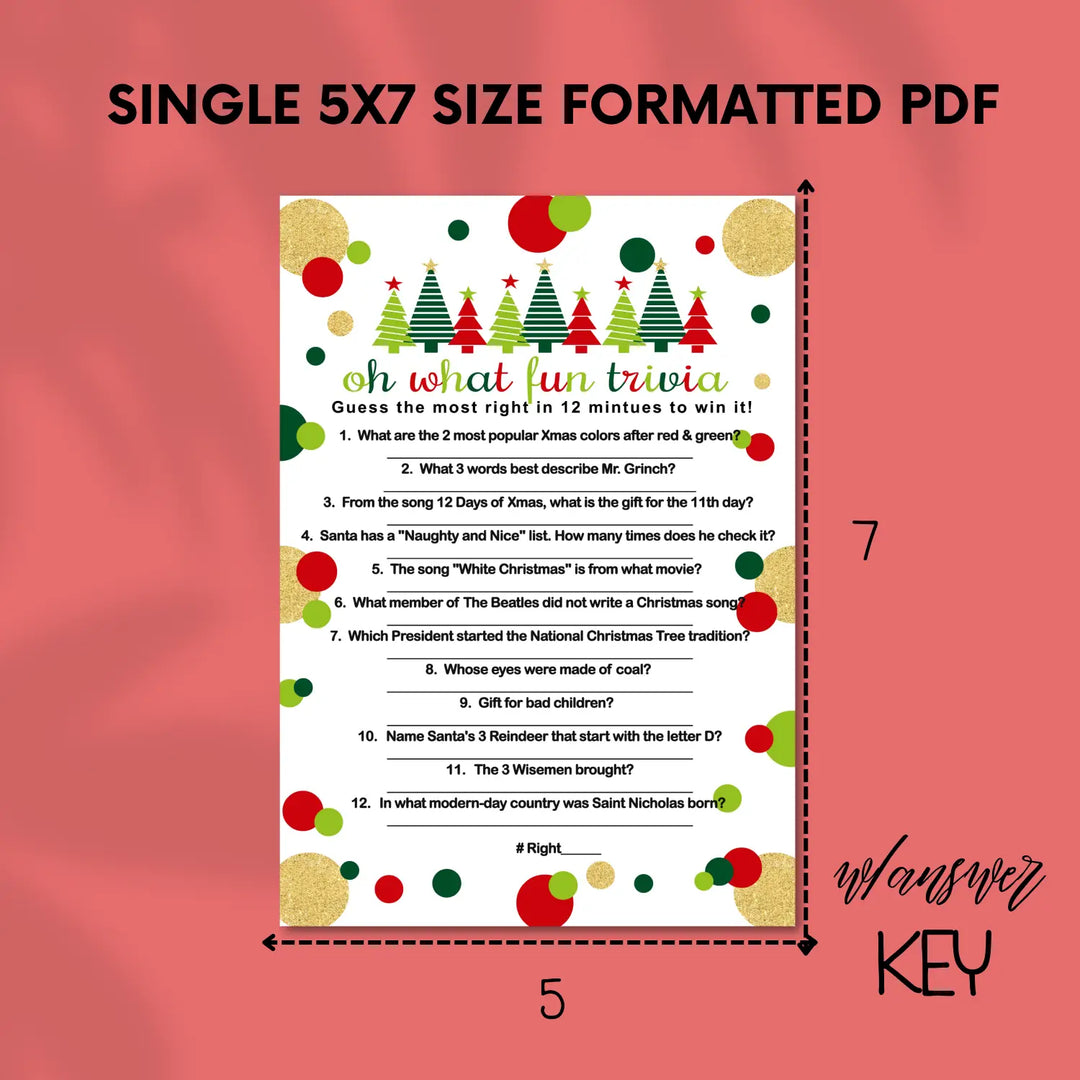 Jolly trees christmas trivia printable holiday game instant download version 2 red and green - party games