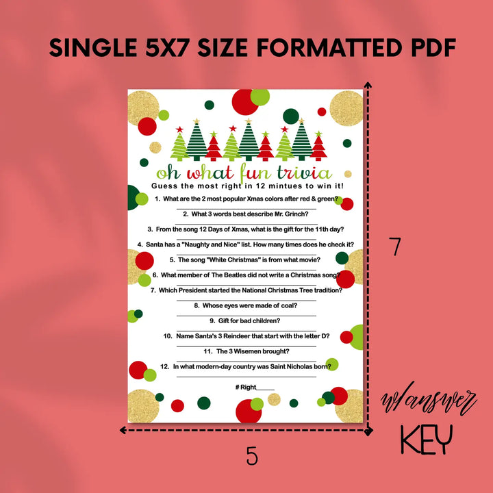 Jolly trees christmas trivia printable holiday game instant download version 2 red and green - party games