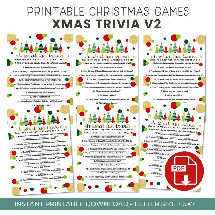 Jolly trees christmas trivia printable holiday game instant download version 2 red and green - party games