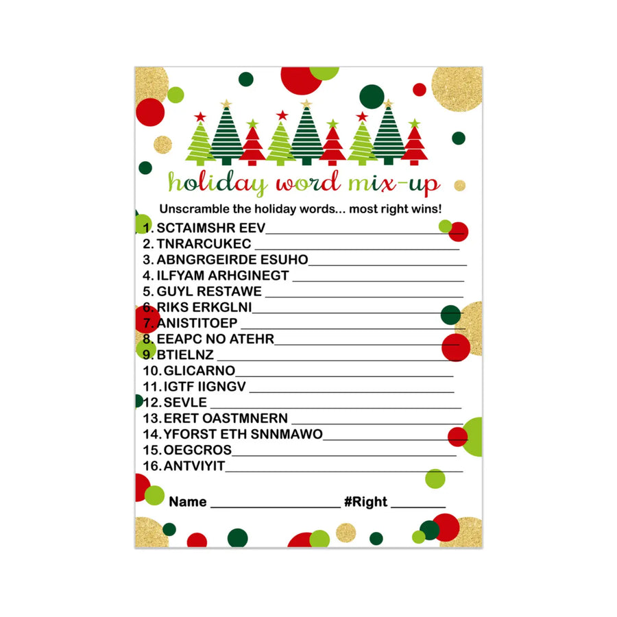 Jolly Trees Christmas Word Scramble Game, Holiday Unscramble Party Activity for Adults, Groups, Office, Red and Green, 25 Pack, 5x7 Cards - Paper Clever Party