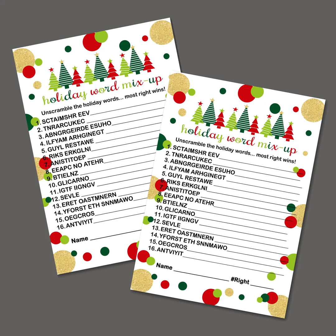 Jolly trees christmas word scramble printable – digital instant download pdf red and green - party games
