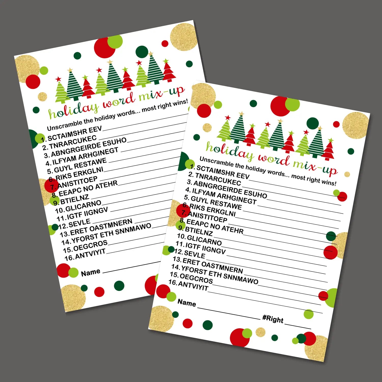 Jolly trees christmas word scramble printable – digital instant download pdf red and green - party games