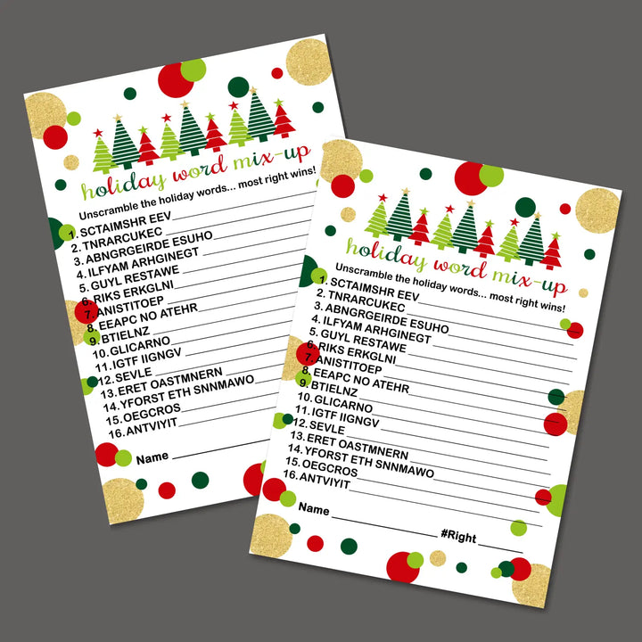 Jolly trees christmas word scramble printable – digital instant download pdf red and green - party games