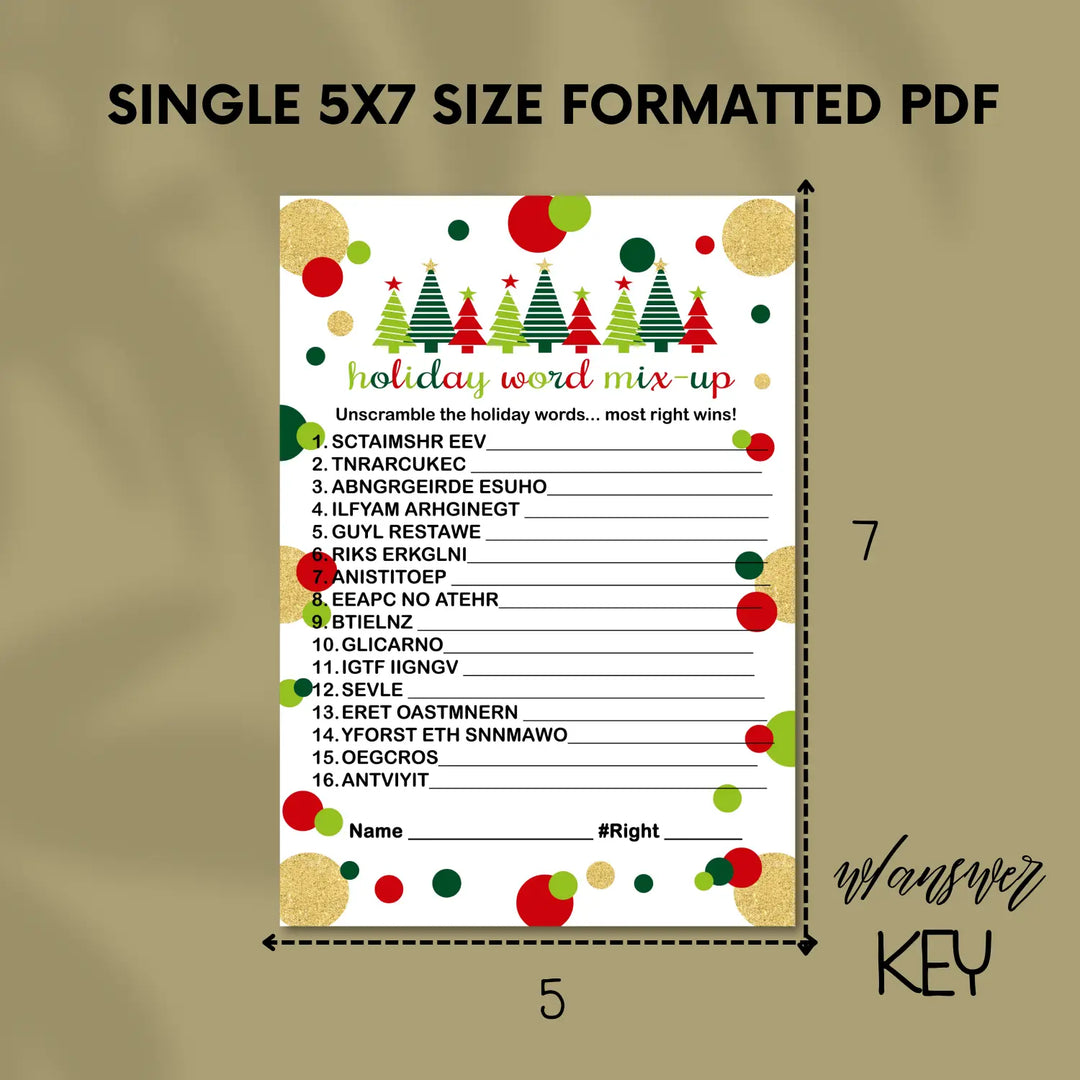Jolly trees christmas word scramble printable – digital instant download pdf red and green - party games