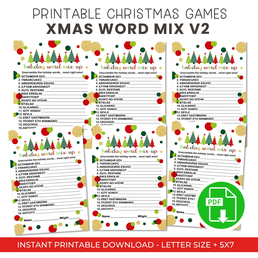 Jolly trees christmas word scramble printable – digital instant download pdf red and green - party games
