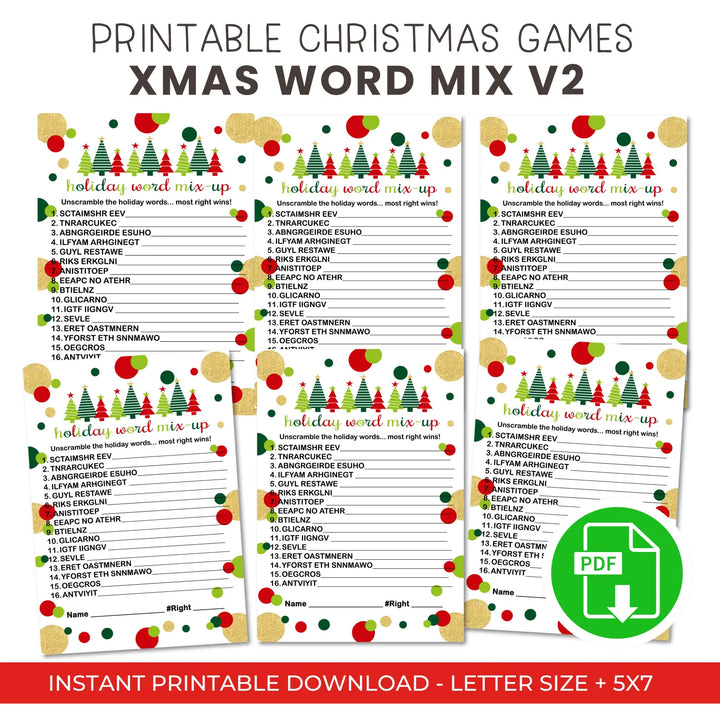 Jolly trees christmas word scramble printable – digital instant download pdf red and green - party games