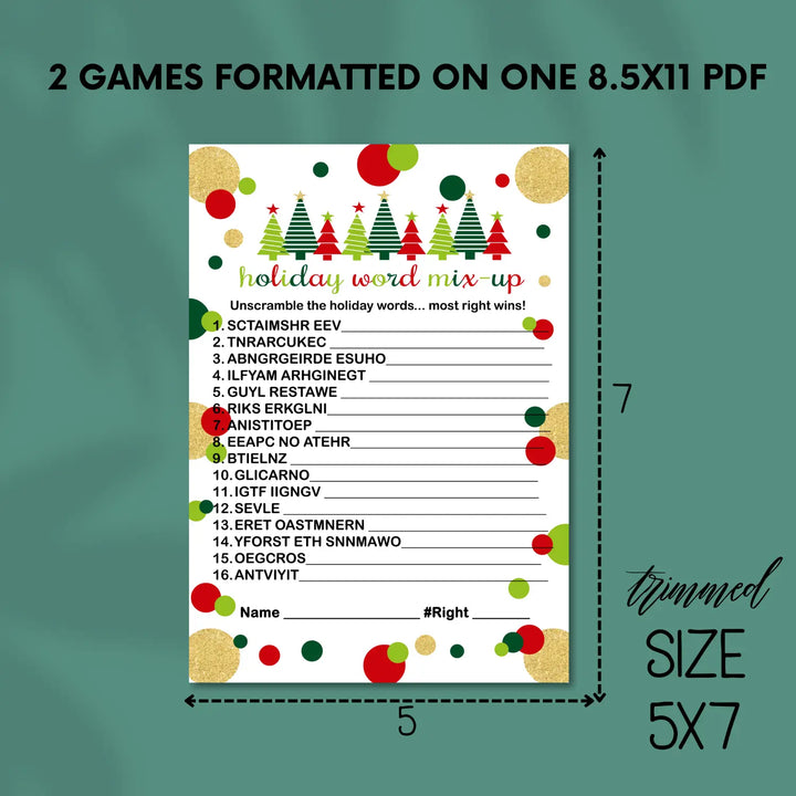 Jolly trees christmas word scramble printable – digital instant download pdf red and green - party games