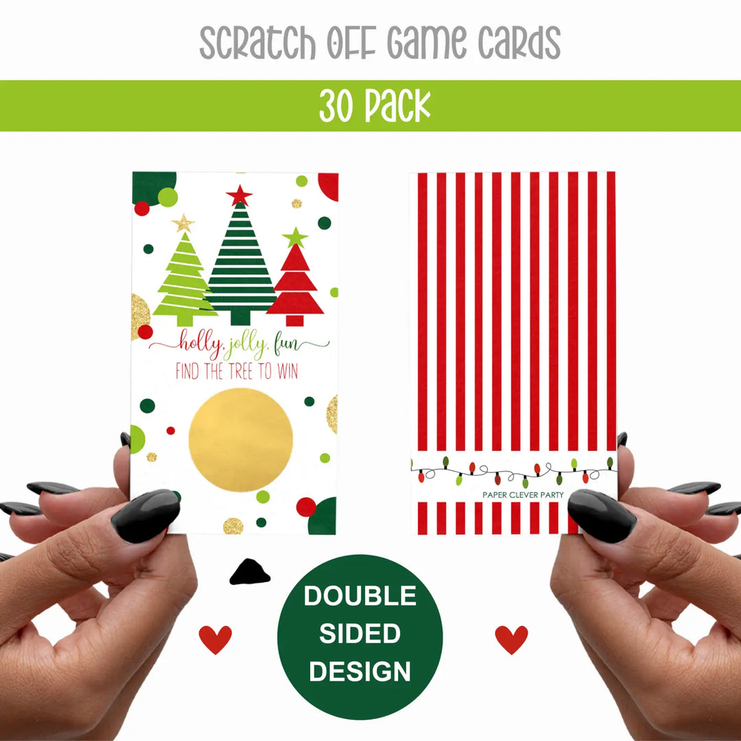 Jolly trees scratch off cards for Christmas party games and holiday events - Paper Clever Party