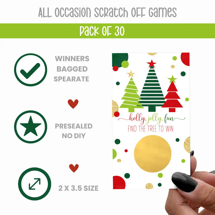 Jolly trees scratch off cards for Christmas party games and holiday events - Paper Clever Party