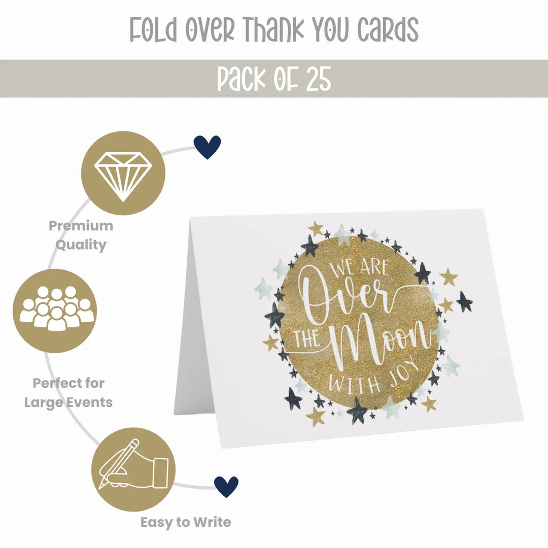 Joyful Moon Thank You Cards - 25 Folded Notecards for Expressing Happiness with Envelopes - Paper Clever Party