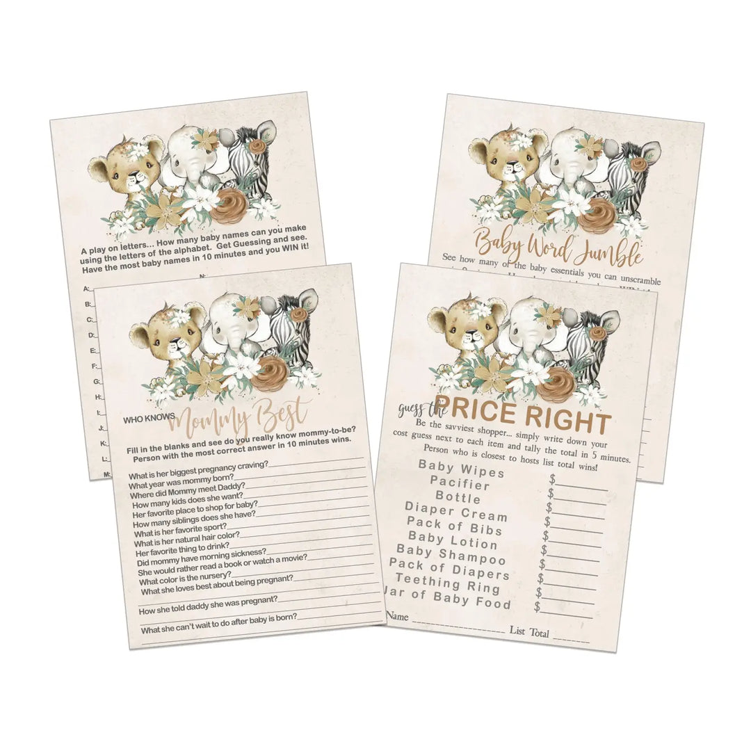 Jungle Jubilee - Flora Safari Baby Shower Game Set, Gold & Greenery, 5x7 Cards (25 ct) - Paper Clever Party