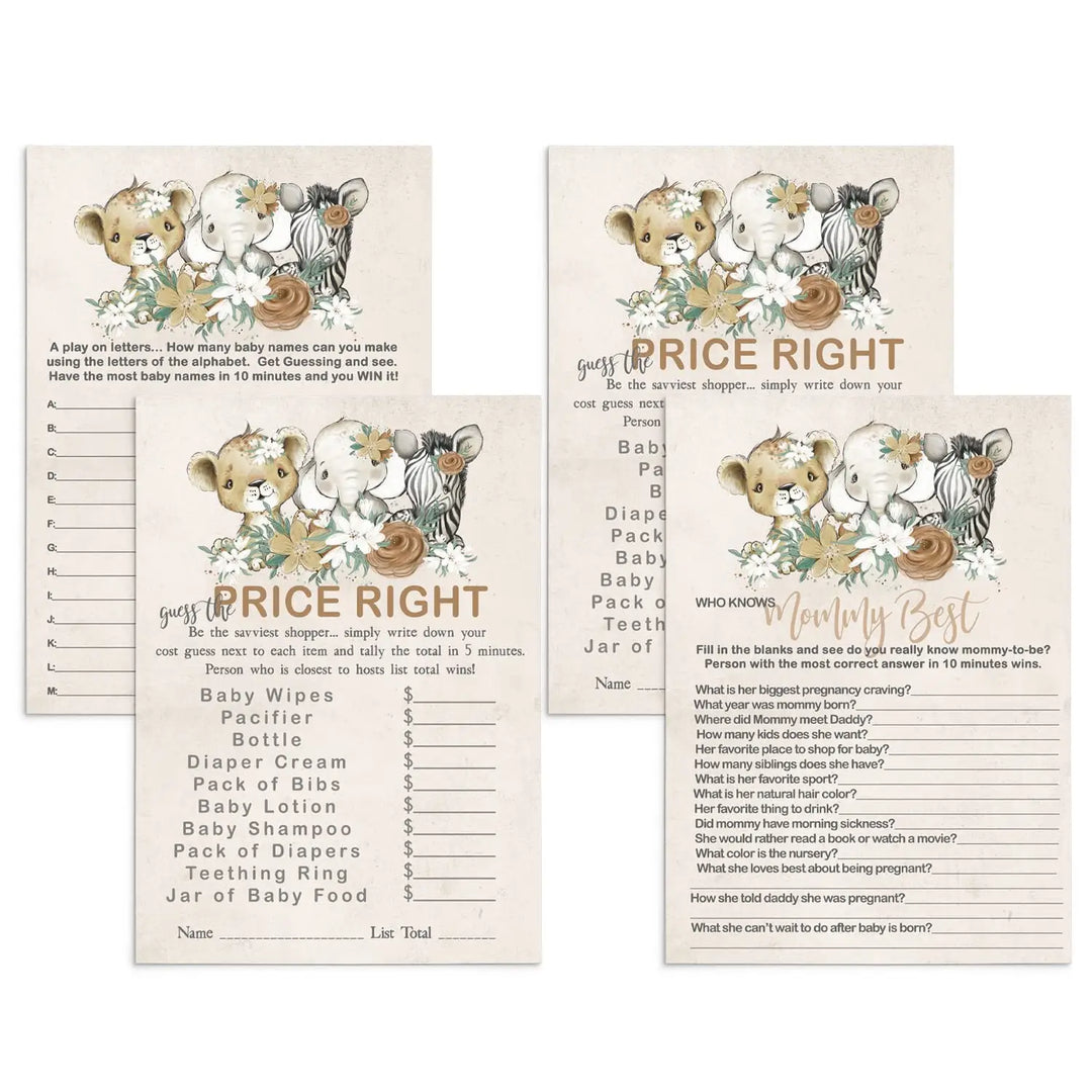 Jungle Jubilee - Flora Safari Baby Shower Game Set, Gold & Greenery, 5x7 Cards (25 ct) - Paper Clever Party